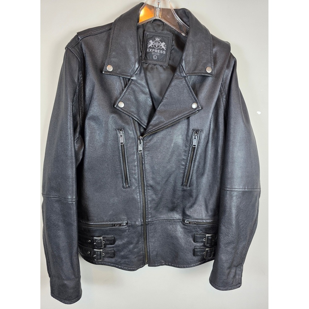 Express Mens Large Black 100%‎ Leather Biker Moto Jacket Asymmetrical Zip Y2K